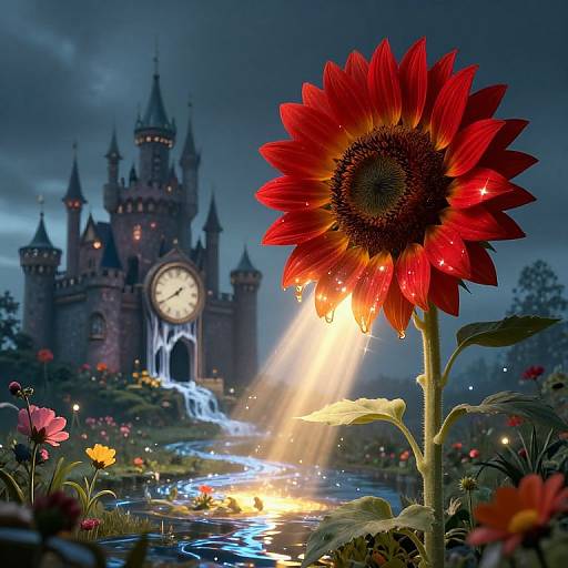 Photograph-style digital art: radiant red sunflower with glowing center, sunlight beams, castle in background, clock tower, waterfall, and vibrant flowers.