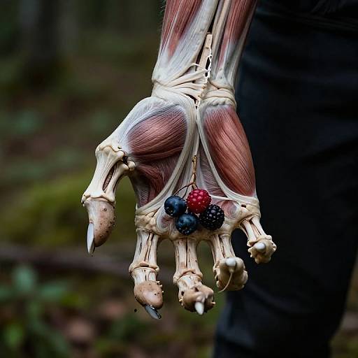 Close-up photograph of a human hand with exposed muscles, holding three berries (one red, two black) in a forest setting.