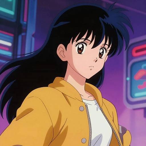 Anime-style digital drawing of a young woman with long black hair, wearing a yellow jacket over a white shirt, looking serious, in a neon-lit