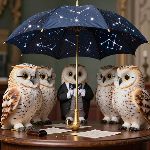 Photograph of three owls in tuxedos, one holding a starry night umbrella, on a wooden table with papers and a pen.