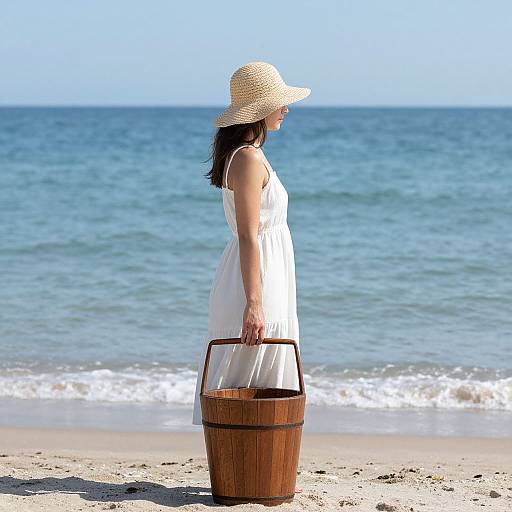 Photograph of a woman in a white sundress and straw hat, standing on a sandy beach holding a wooden bucket, facing the calm blue ocean under