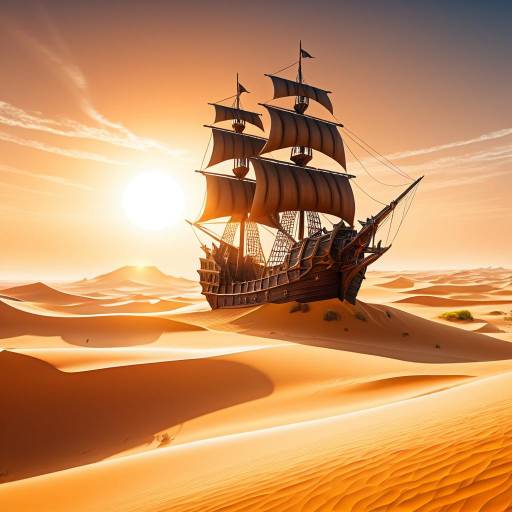 Pirate Ship in Desert at Sunset