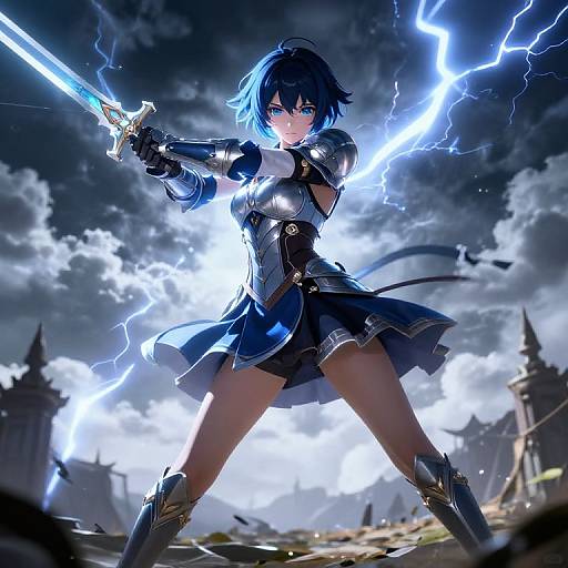 Digital anime-style artwork of a blue-haired, armored warrior girl with glowing blue eyes, wielding a lightning-encrusted sword, standing in a storm