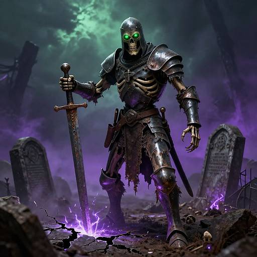 Digital fantasy artwork of a glowing-eyed, skeletal warrior in tattered, metallic armor, standing on a cracked, purple-lit graveyard with tombstones.