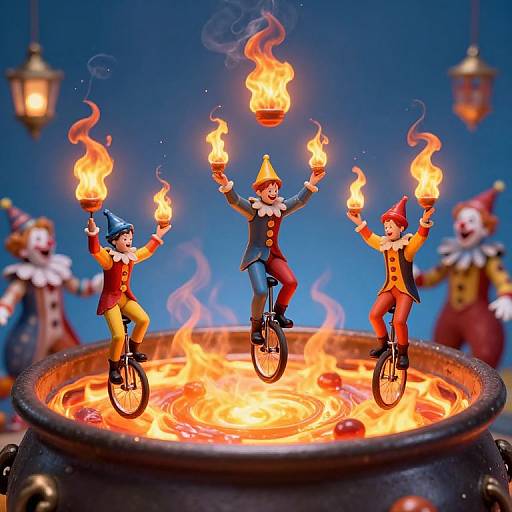 Photograph of three toy elves with pointy hats, red and blue outfits, balancing on a fiery cauldron, each holding a flaming torch.