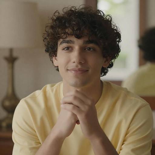 Photograph of a young man with curly dark hair, light brown eyes, and a light yellow shirt, smiling softly while clasping his hands. Background