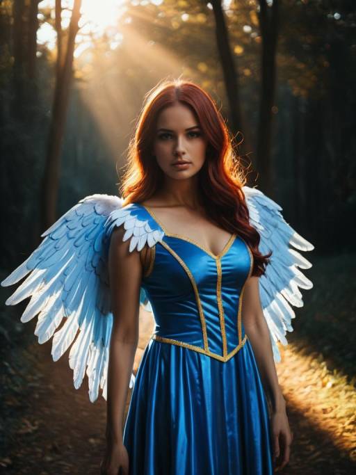 Woman in Blue Angel Wings Costume in Forest