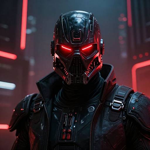 Digital sci-fi artwork of a menacing armored figure with glowing red eyes, black helmet, and futuristic black gear, set against a neon-lit, cyber
