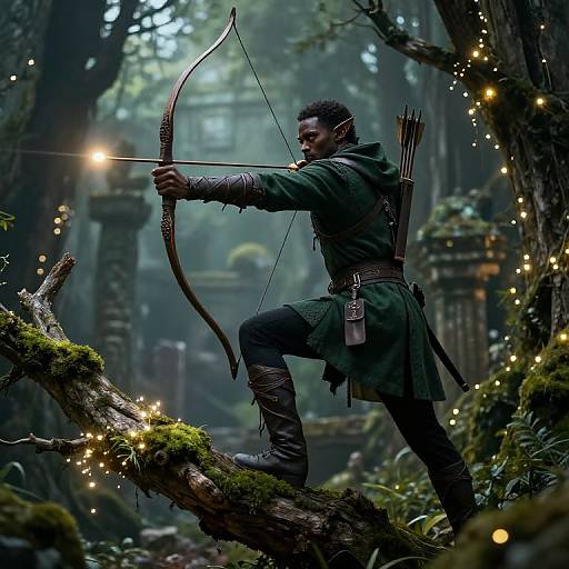 Photorealistic fantasy image of a dark-skinned archer in green cloak, aiming bow on mossy tree branch in enchanted forest, surrounded by twink