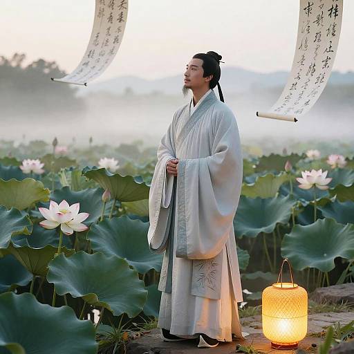 Photograph of an East Asian woman in traditional white kimono, standing in a lotus pond at dawn, surrounded by lanterns and Chinese calligraphy