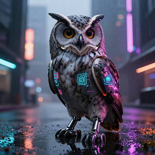 Cybernetic Owl Scout in Neon City