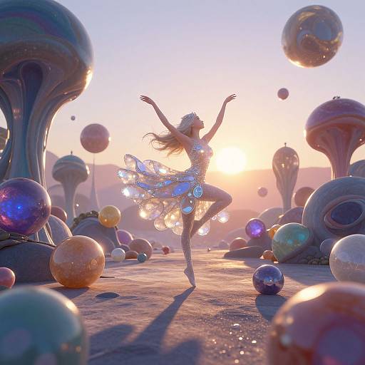 Digital CGI artwork: Silhouetted ballerina in sparkling dress, arms outstretched, dancing in a surreal, colorful, sunset-lit