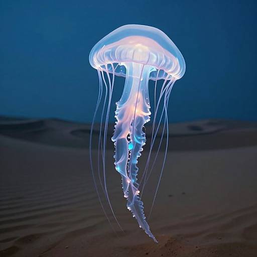 Photograph of a glowing blue and white jellyfish with translucent tentacles floating in a dark, sandy ocean at night.