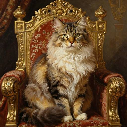 Luxurious photograph of a long-haired, multicolored cat sitting regally on an ornate, gold-and-red, Baroque-style throne with intricate