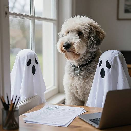 Photograph of a fluffy white and black dog wearing a collar, sitting by a window with two ghost-printed chairs, and a laptop on a wooden