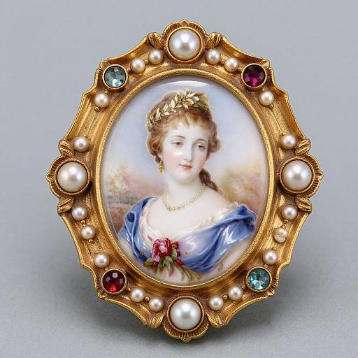 Photograph of an intricately detailed, oval, gold brooch with pearls and gemstones, featuring a painted portrait of a young woman in a blue