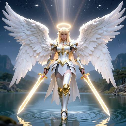 Digital artwork of a blonde angelic warrior with glowing white wings, golden halo, holding two radiant swords, standing on water at night.