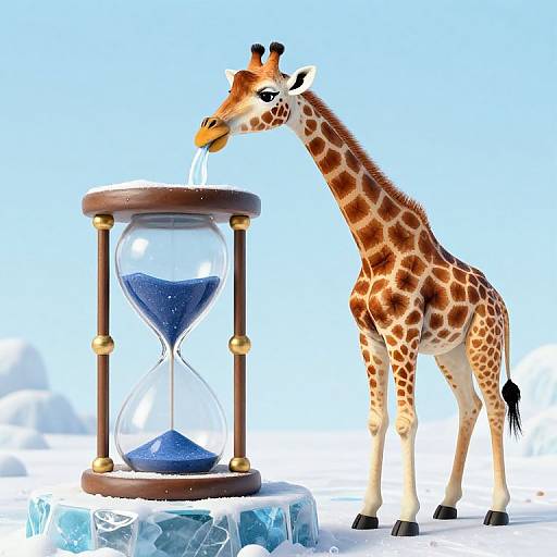 Digital illustration of a giraffe with orange and brown spots, standing next to an hourglass with blue sand, on a snowy, icy landscape.