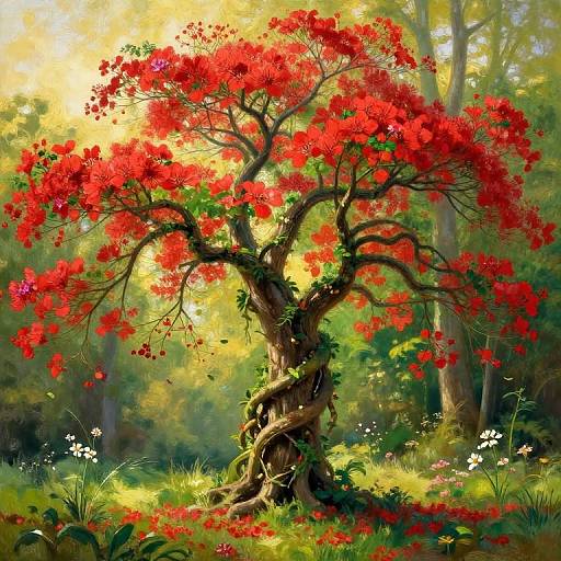 Digital painting of a twisted tree with vibrant red flowers, surrounded by sunlight filtering through a lush, green forest.