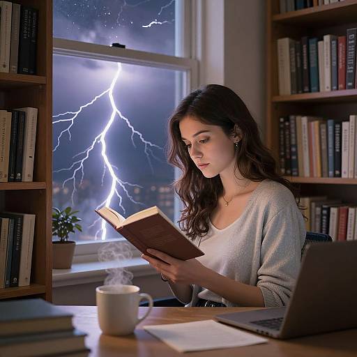 Photograph of a brunette woman in a white sweater reading a book by a window with a bright lightning bolt outside, surrounded by bookshelves. Coffee