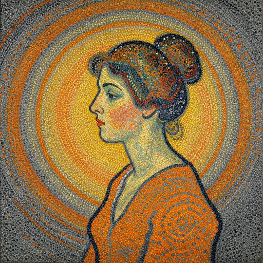 Mosaic-style digital artwork of a woman in profile, with orange and yellow circular background, wearing an orange dress with intricate patterns.