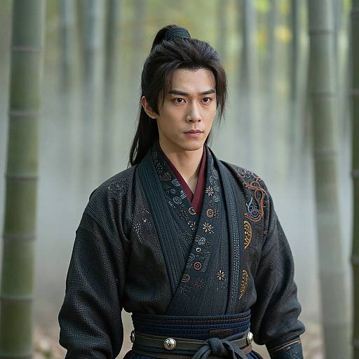 Photograph of an East Asian man with long black hair in a ponytail, wearing a detailed black kimono, standing in a bamboo forest.