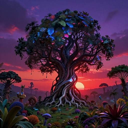 Digital artwork of a surreal, glowing tree with twisted roots, illuminated by a vibrant red-orange sunset, surrounded by exotic, colorful flora.