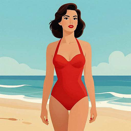 Digital illustration of a confident woman with fair skin and black hair, wearing a red halter bikini, standing on a sunny beach with blue ocean and clear