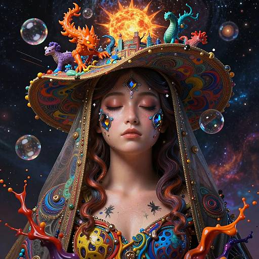 Fantasy Goddess with Cosmic Hat and Mystical Creatures