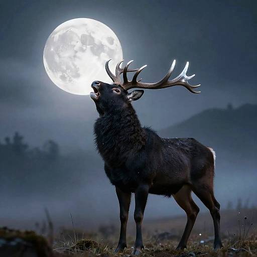 Regal Black Stag Howling at Moon