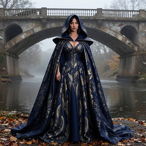 Photograph of a woman in an ornate, dark blue, hooded gown with intricate patterns, standing in front of a misty, arched
