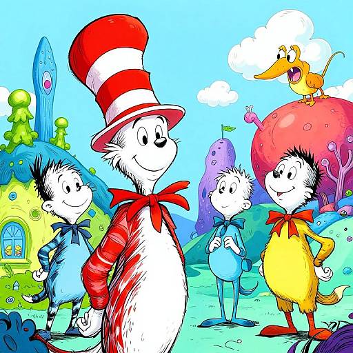 Colorful digital illustration of four whimsical, cartoonish white mice in red, blue, yellow, and white striped hats, standing in a vibrant,