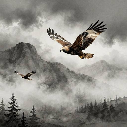 Misty Foothills with Gliding Hawks