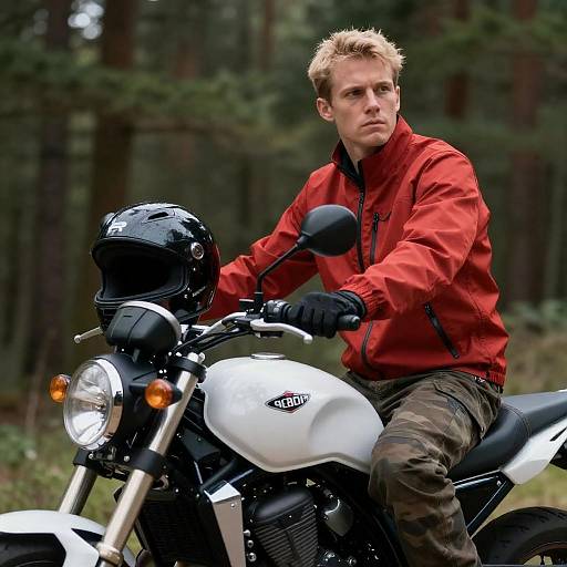 Serious Blonde Man on Motorcycle in Forest