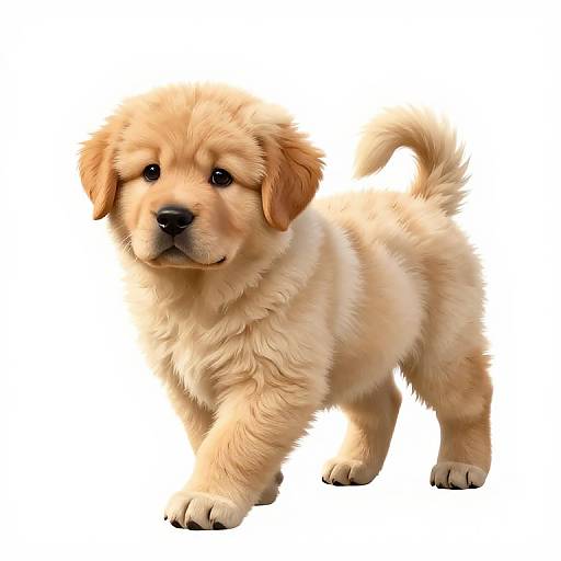 Digital illustration of an adorable, fluffy, golden-brown puppy with large black eyes, floppy ears, and a curled tail, standing on a white background