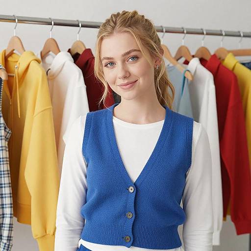 Young Woman Smiling by Colorful Clothes