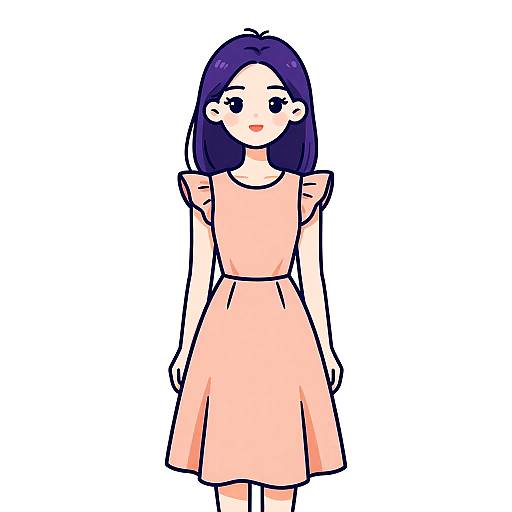 Digital anime-style drawing of a young woman with purple hair, wearing a peach-colored, short-sleeved, knee-length dress, standing against a white