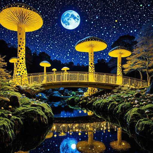 Fantasy Night with Giant Glowing Mushrooms and Bridge