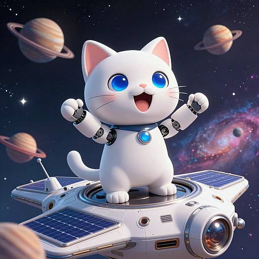 Cute cartoon white cat with blue eyes and a space suit, standing on a spacecraft with solar panels, in a starry galaxy with planets and a