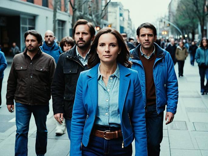 Photograph of a serious-looking woman in a blue jacket leading a group of men in urban streetwear, walking on a busy city sidewalk.