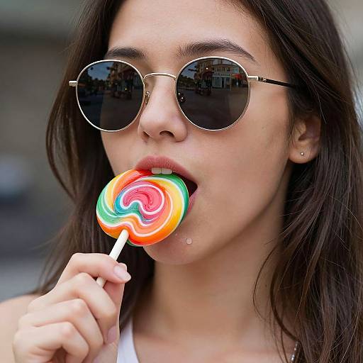 Photograph of a young woman with long dark hair, wearing round sunglasses, and biting a colorful swirl lollipop, with a blurred urban background.