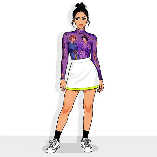 Digital illustration of a woman with dark hair in a bun, wearing a sheer purple long-sleeve top, white skirt with yellow trim, black socks