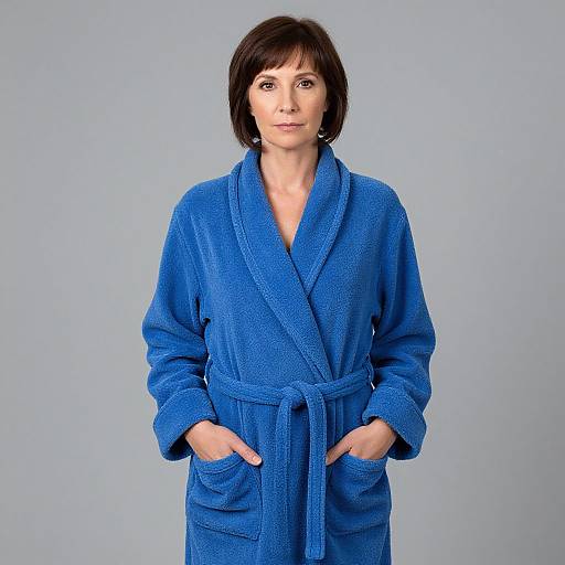 Photograph of a middle-aged woman with short brown hair, wearing a blue textured bathrobe, hands in pockets, standing against a plain light blue background