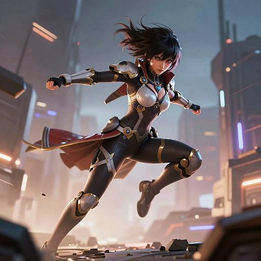 Digital artwork of a fierce, black-haired woman in a futuristic, armored suit, running through a neon-lit, cyberpunk cityscape at night.