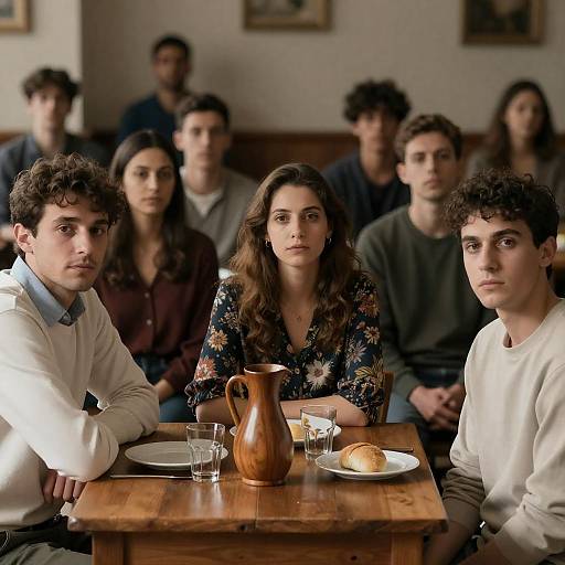 Serious Group Sitting at Wooden Table