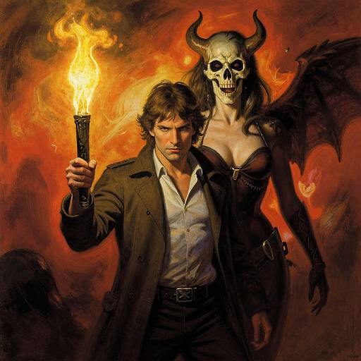 Photograph-style digital art of a rugged man holding a flaming torch, standing beside a demoness with horns, wings, and a skull mask. Background