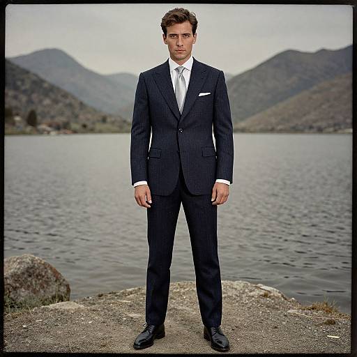 Photograph of a handsome, serious-looking man in a black pinstripe suit, white shirt, and tie, standing on rocky lakeside with mountains