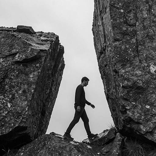 Man Walking Between Rocky Formations