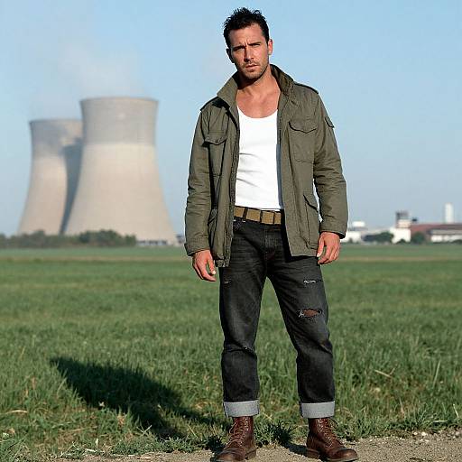 Photograph of a muscular, bearded man in a green jacket, white tank top, and ripped jeans standing in a grassy field with a large
