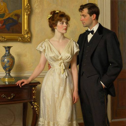 Victorian-era painting of a fair-skinned woman in a cream dress and a dark-suited man standing in an ornate room.